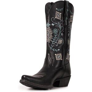 Women's Black Western Mid Calf Embroidered Cowgirl Country Full Leather Boots